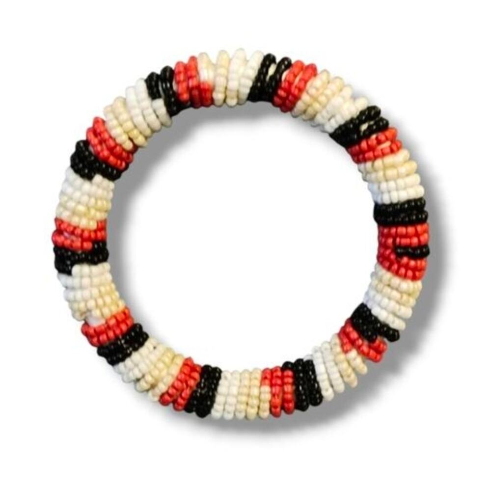 Glass Seed Bead Bangle, Black Red White Striped Pattern, Vintage